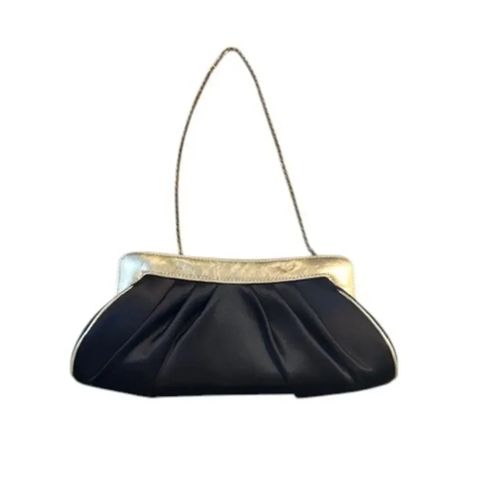 Franchi Black Pleated Clutch Gold Frame Evening Bag Chain Strap 10